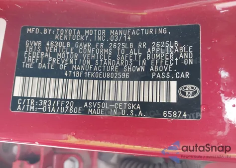 2014 Toyota Camry Se from USA, damaged, VIN 4T1BF1FK0EU802596